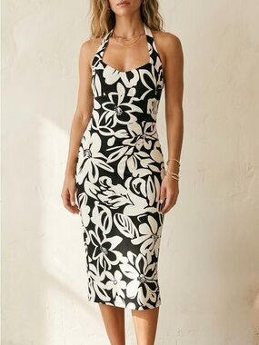CACHE Vintage NWT Black White Floral Halter Bodycon Mini Dress Size 8